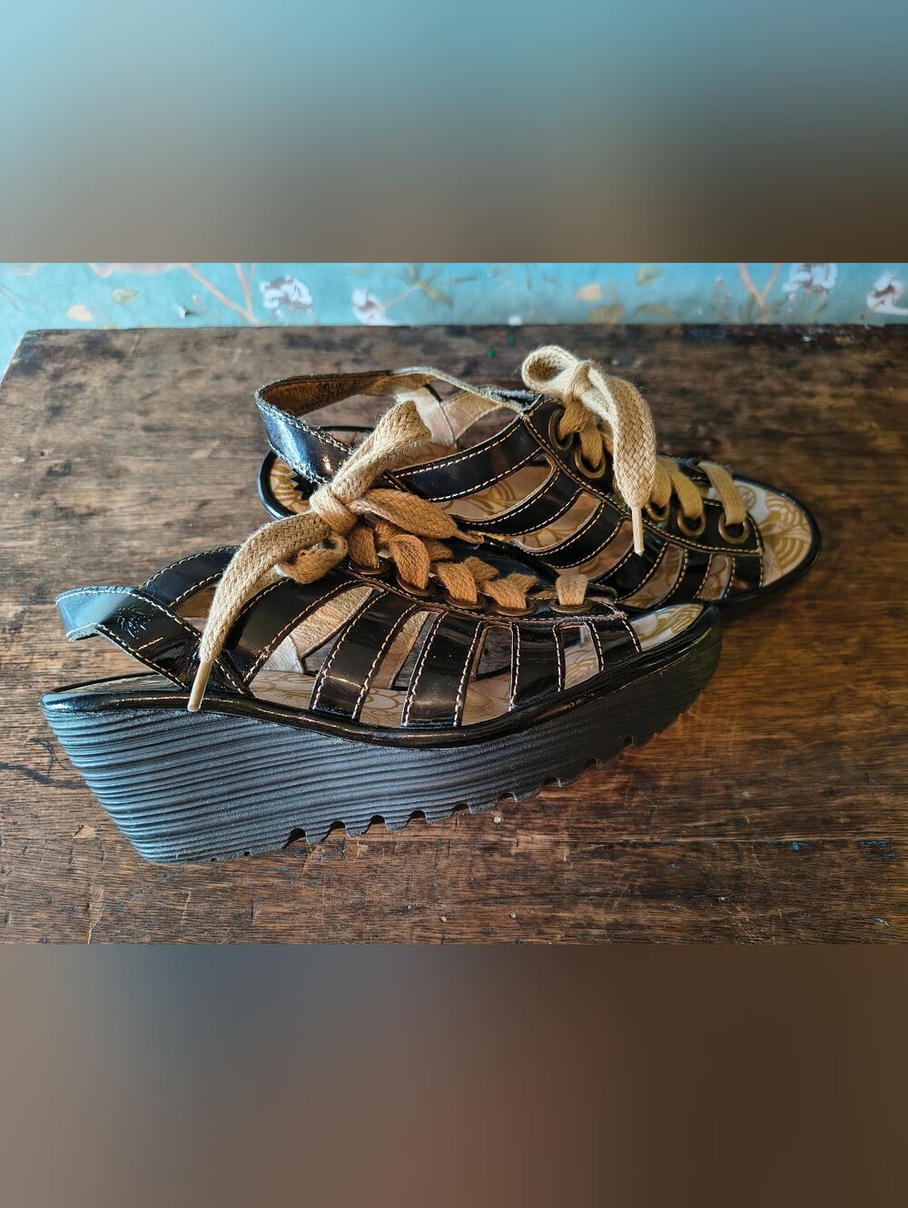 Black Patent Lace-Up Platform Sandals with Tan Laces